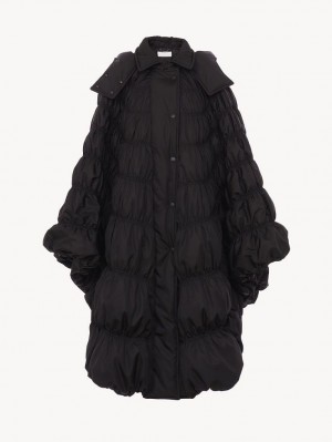 Black Chloe Ruched Puffer Cape Coats | CHE-SR13815