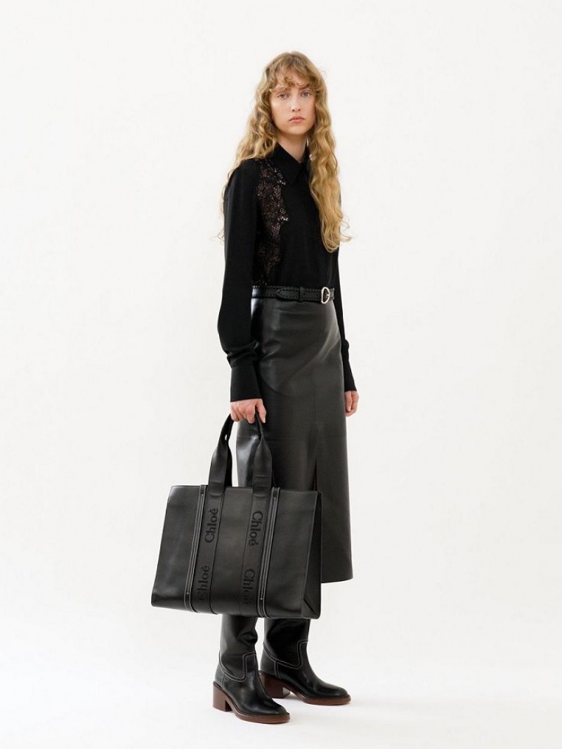 Black Chloe Large Woody Tote Bags | CHE-SR13306