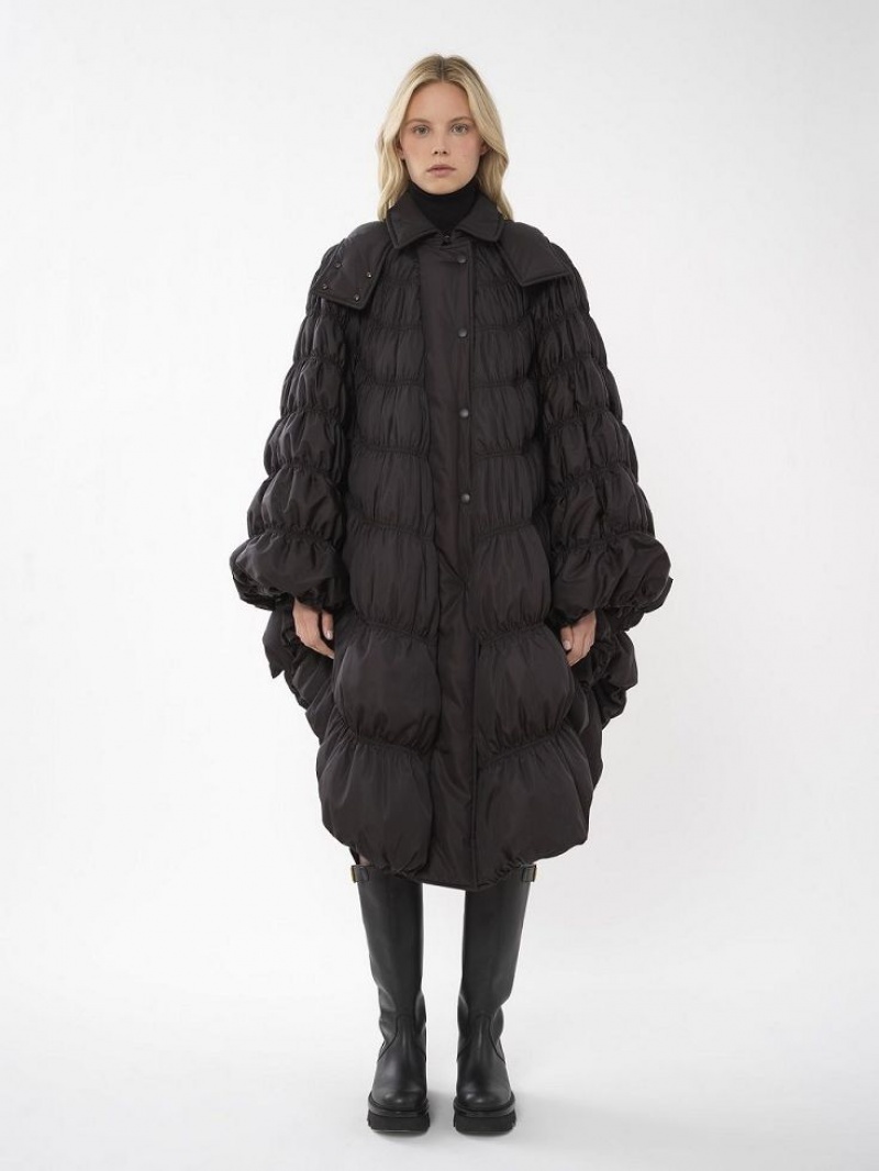 Black Chloe Ruched Puffer Cape Coats | CHE-SR13815