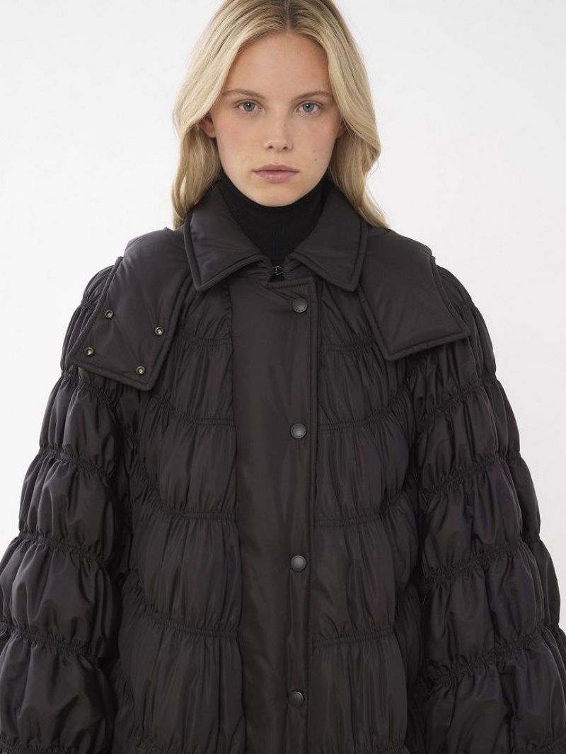 Black Chloe Ruched Puffer Cape Coats | CHE-SR13815