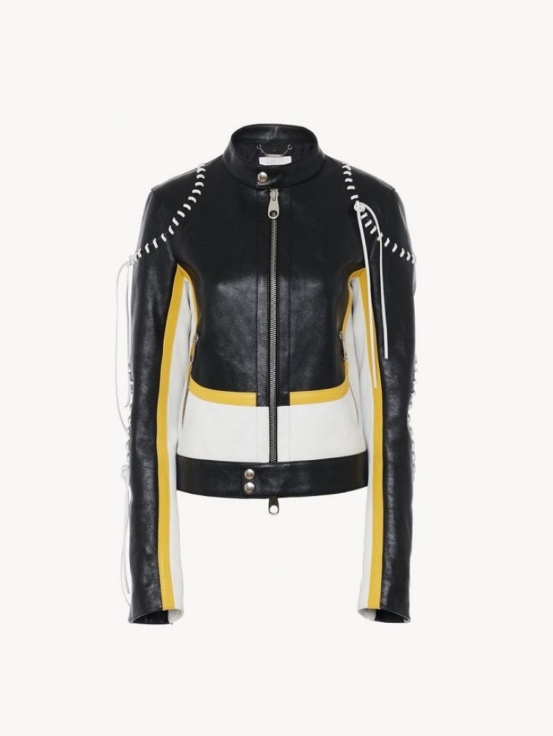 Black - Yellow 1 Chloe Biker Jacket Leather | CHE-SR14108