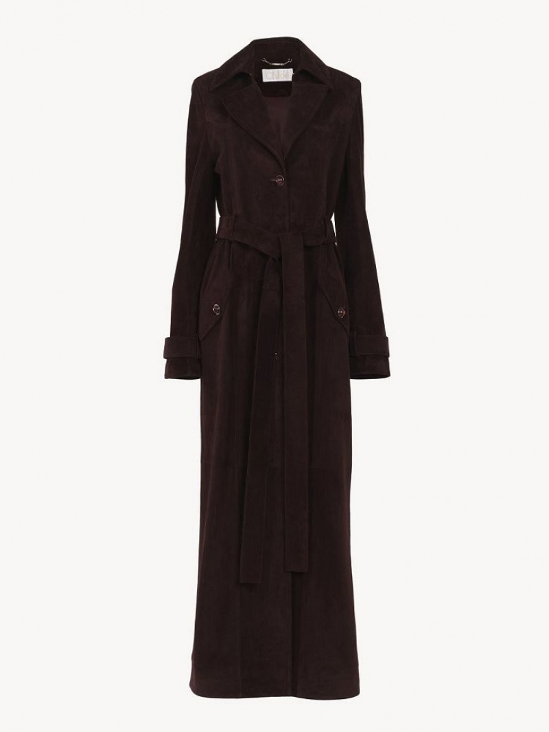 DARKENED BROWN Chloe Long Trench Coat Leather | CHE-SR14119