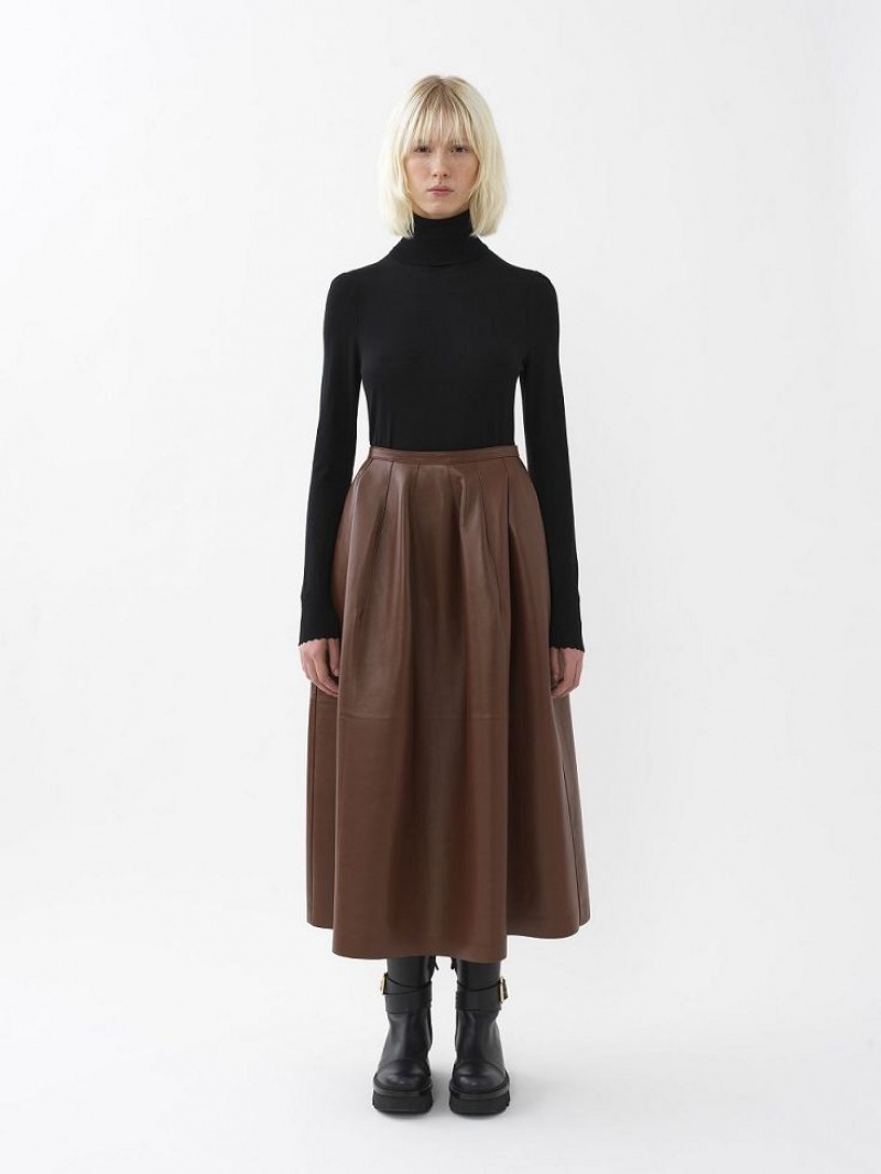 DARK CHESNUT Chloe Gathered Mid-length Skirt Leather | CHE-SR14116