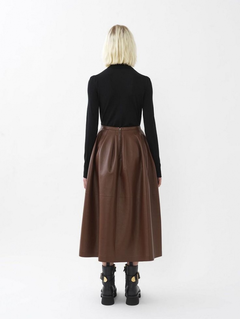 DARK CHESNUT Chloe Gathered Mid-length Skirt Leather | CHE-SR14116