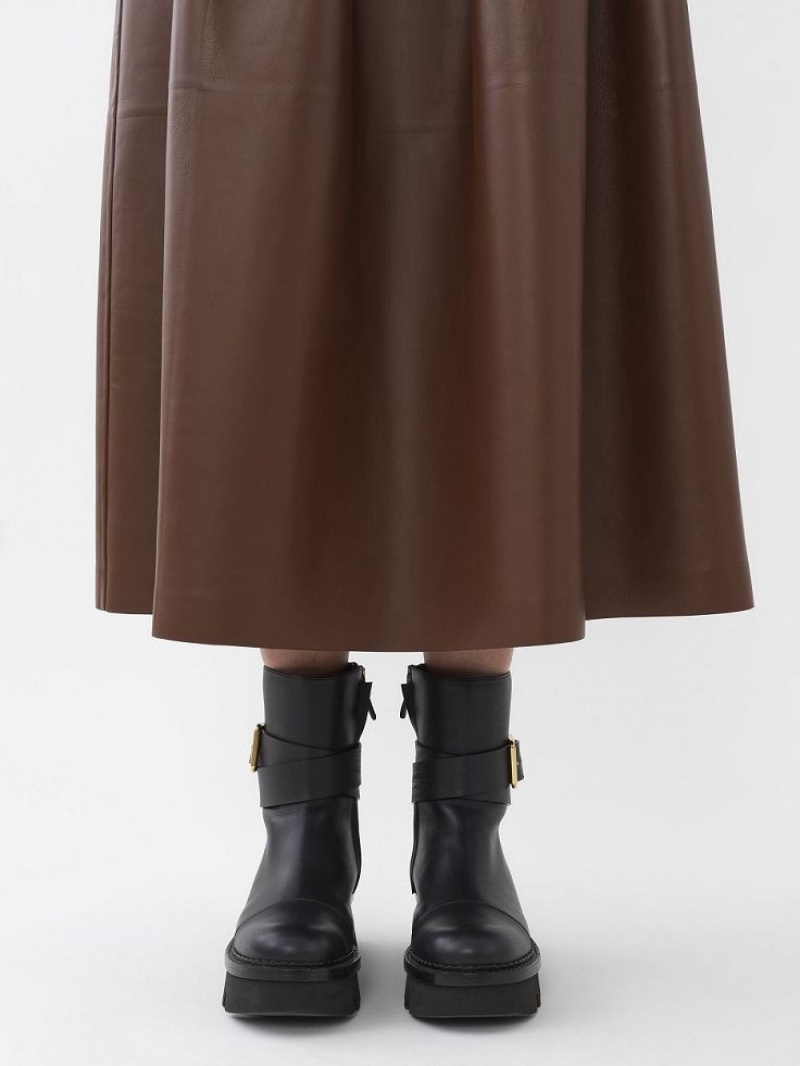 DARK CHESNUT Chloe Gathered Mid-length Skirt Leather | CHE-SR14116