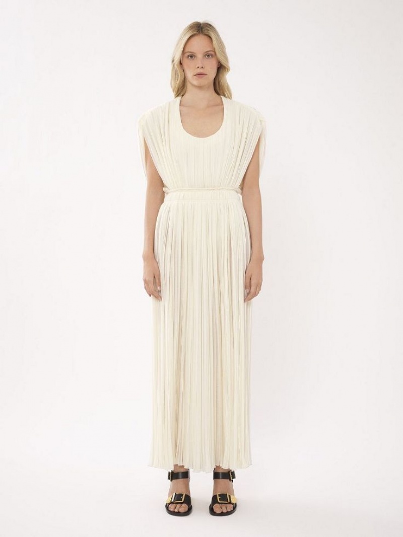 Eden White Chloe Pleated Long Dresses | CHE-SR13859