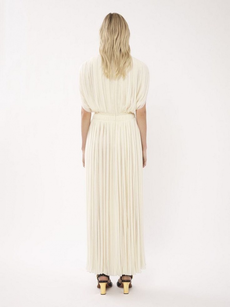 Eden White Chloe Pleated Long Dresses | CHE-SR13859