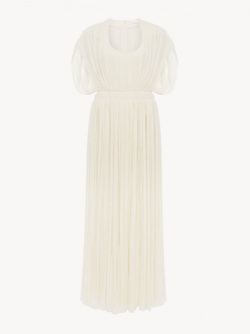 Eden White Chloe Pleated Long Dresses | CHE-SR13859