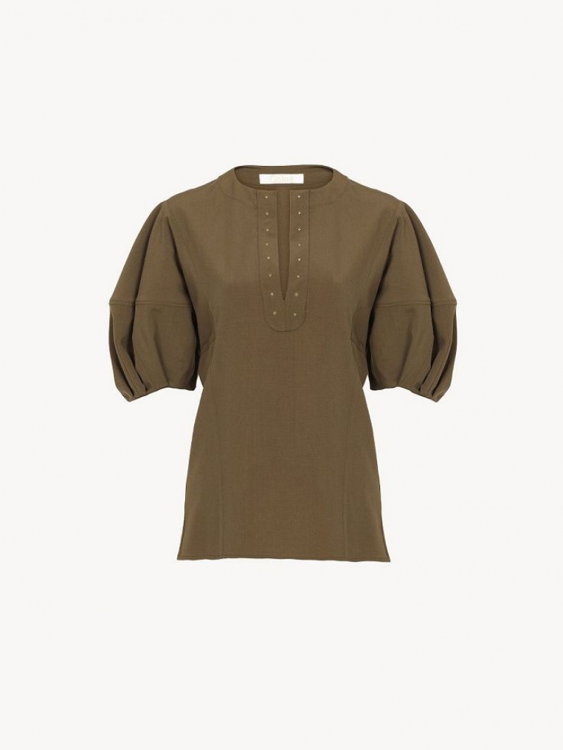 OBSCURE KHAKI Chloe Balloon-sleeve Tops | CHE-SR13899