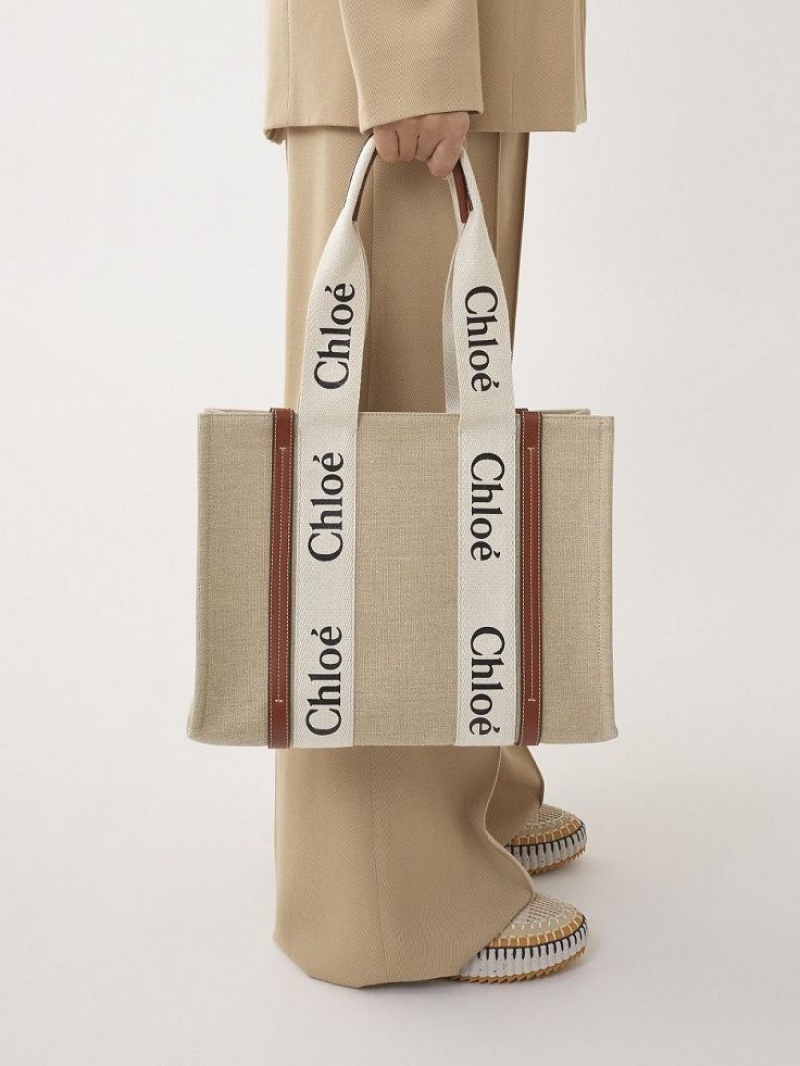 WHITE - BROWN 1 Chloe Medium Woody Tote Bags | CHE-SR13397